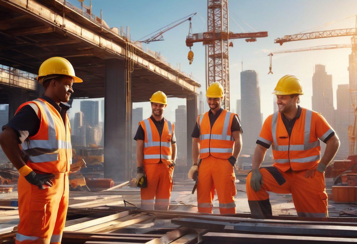 A dynamic construction scene showcasing a diverse team of builders joyfully collaborating with high-quality metal supplies, surrounded by a vibrant city skyline. Emphasize the glistening tools and materials symbolizing strength and reliability, with beams of sunlight creating an uplifting atmosphere. Include elements of teamwork and craftsmanship, highlighting the happiness derived from quality work. super-realistic. vibrant colors. 3D.