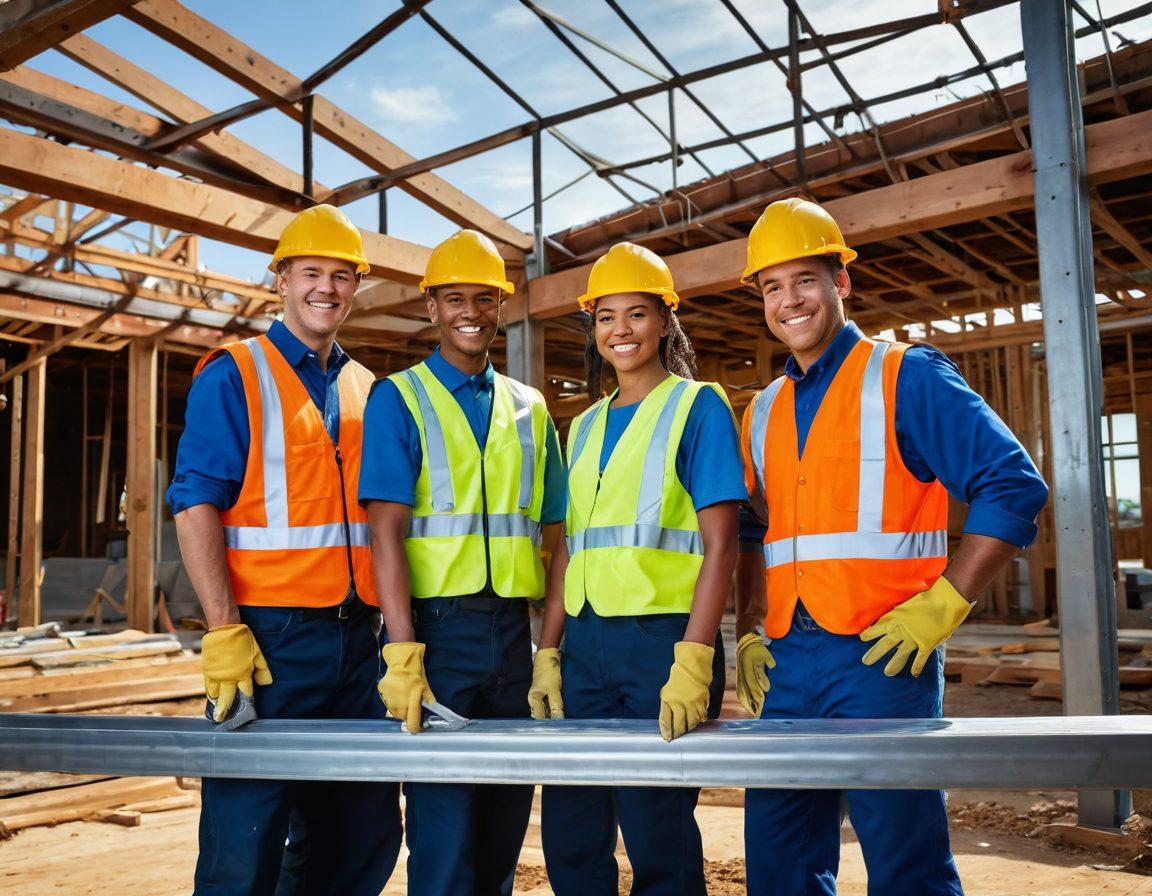 A vibrant construction scene showcasing craftsmen joyfully using high-quality steel products to build a bright, modern home. The background features partially constructed structures, tools, and materials, highlighting collaboration and creativity. Characters of diverse backgrounds wearing safety gear exhibit smiles and teamwork while holding steel beams and tools. The atmosphere radiates happiness and accomplishment. bright colors. super-realistic. dynamic composition.
