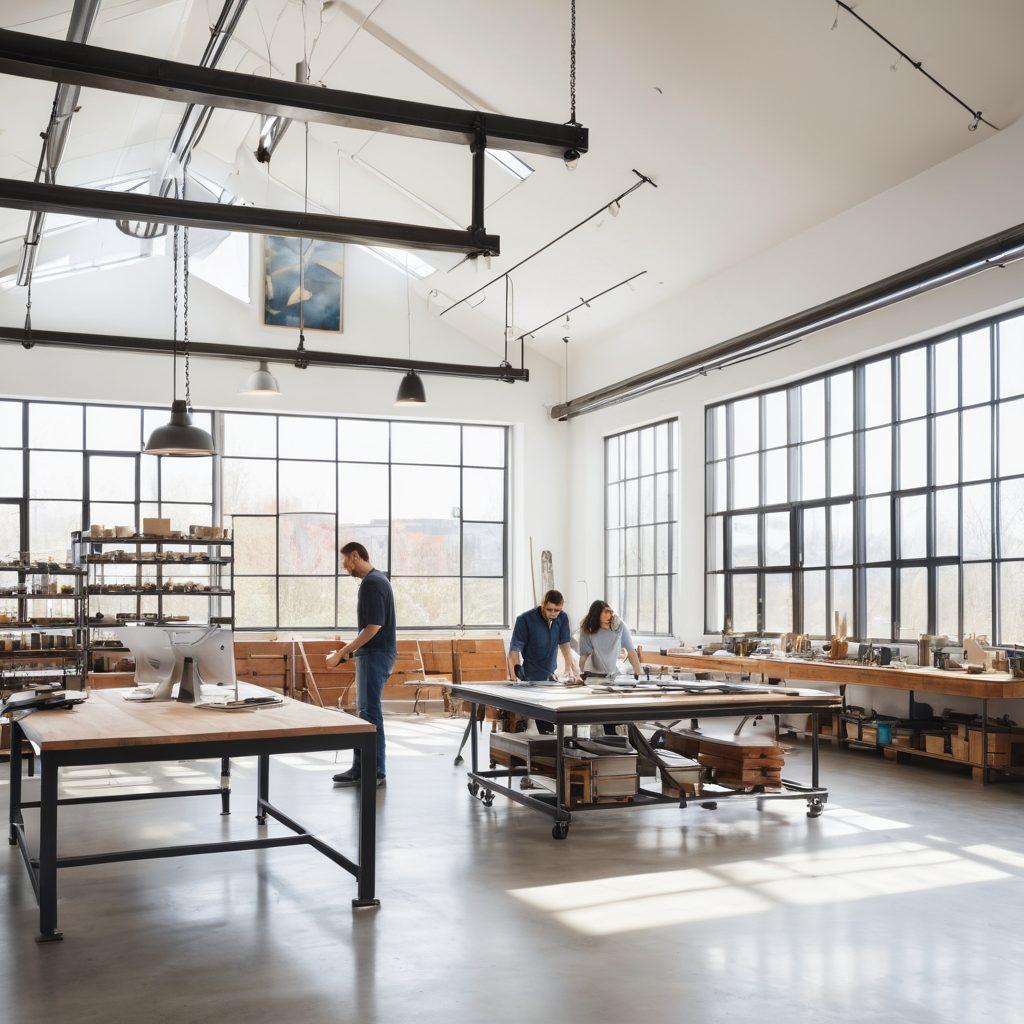 A bright, modern workspace filled with various steel supplies: gleaming metal rods, beams, and sheets arranged artistically. In the background, a joyful team collaborates on a project, using steel elements to build a creative structure. Natural light streams in through large windows, highlighting the materials' reflective surfaces, creating an uplifting atmosphere. The scene conveys a sense of teamwork and innovation. vibrant colors. super-realistic. white background.